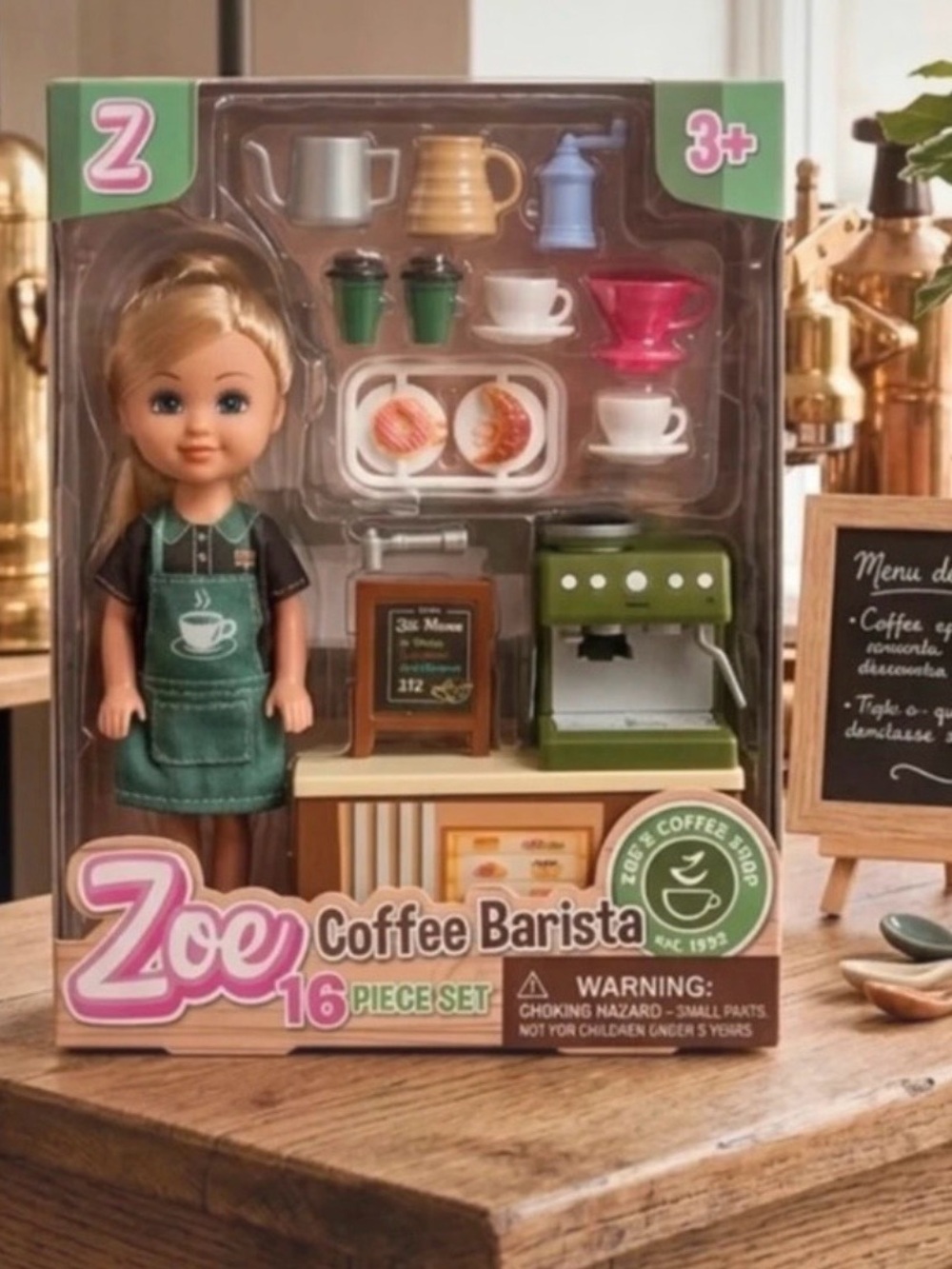 Zoe Coffee Barista Playset - Green and Pink Kids Doll Accessory Set